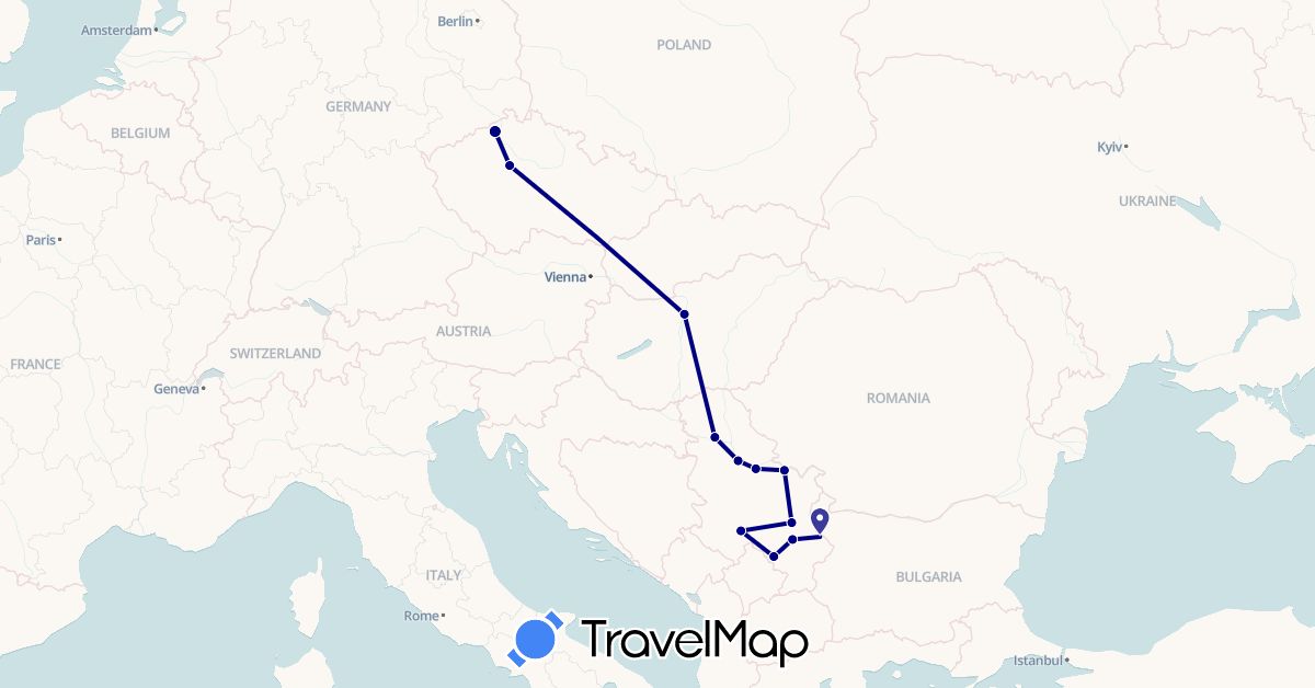 TravelMap itinerary: driving in Czech Republic, Hungary, Serbia (Europe)